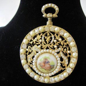 Pearl, Rhinestone, Cameo & Filigree Pocket Watch Brooch Vintage by B.S.K.